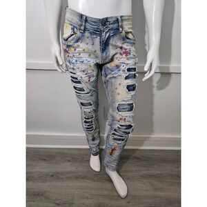 COPPER RIVET Mens Slim Fit Distressed Paint Splatter Star Studded Jeans 32x32